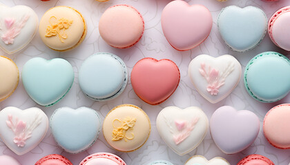 Obraz premium chocolate easter eggs in a box, Overhead view of pastel color heart shaped valentines day macaroons 