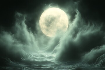 Full moon over stormy sea at night.