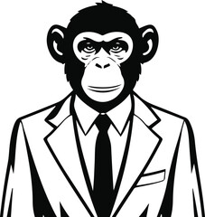 A male human body and monkey head, the man will be wearing a coat and tie. Vector line art. No color, thick line art. Very simple art style 1.eps