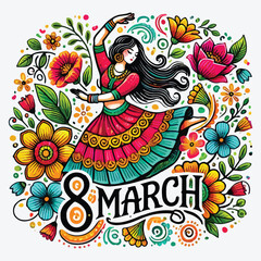 8 March Text on White Background with Flowers and a Dancing Women stock photo
