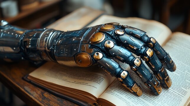 An elaborate robotic hand lies on a weathered book, showcasing a blend of technology and literature - Powered by Adobe