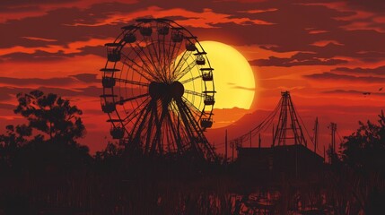 Silhouetted Ferris Wheel at Sunset Overgrown Amusement Park