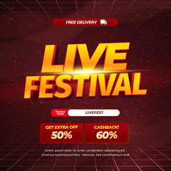 Live Festival day Sale discount deals Editable text with dark red galaxy gradient simple promotional square banner