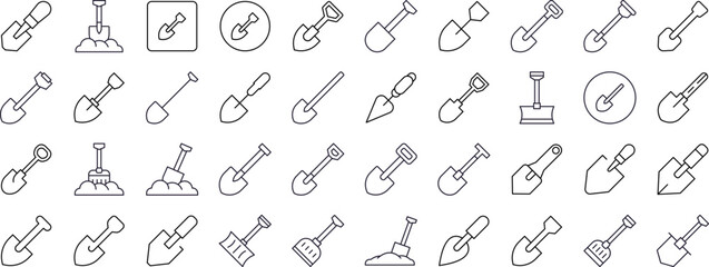 Set of Shovel Related Line Icons. Outline Signs for Graphic and Web Design, Apps, Adverts, Various Cards