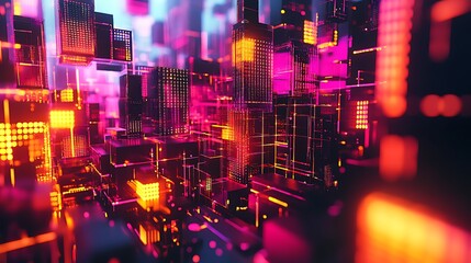 Fototapeta premium Abstract Neon Cityscape Digital Art Futuristic Architecture