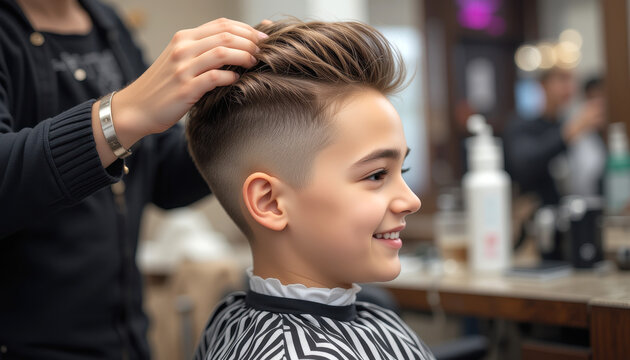 Smiling Young Boy Getting a Haircut in a Barbershop