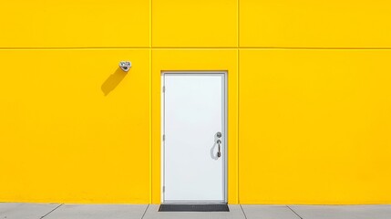 Bright yellow wall featuring a sleek white door, inviting entrance, modern design, ideal for business settings, vibrant contrast enhancing visibility and appeal.
