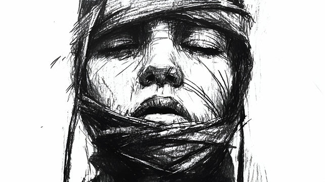 A monochromatic sketch of a serene face partially obscured by fabric, conveying themes of vulnerability and introspection.