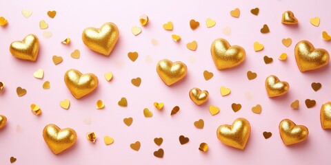 Golden hearts dance on a soft pink canvas, surrounded by playful confetti, creating a whimsical celebration of love and affection for Valentine's Day.
