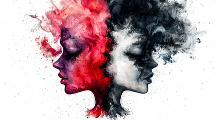 Fototapeta premium Two abstract female profiles in contrasting colors, merging red and black smoke elements, symbolizing duality and emotion.