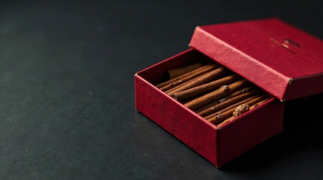 A crimson box overflowing with aromatic sticks and small, round objects rests on a dark surface.