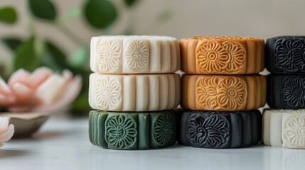 Artistic Stack of Colorful Mooncakes Displayed Neatly