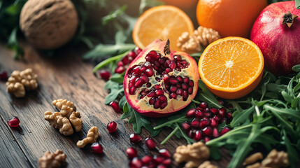 A vibrant winter salad featuring pomegranate seeds, orange slices, arugula, and walnuts on a rustic wooden table, softly lit by natural sunlight.