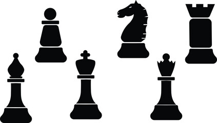 Chess pieces in outline and silhouette style, Set for a board game of chess,King, queen, bishop, knight, rook, pawn flat vector icons, Chess pieces black and white,Team with chess pieces