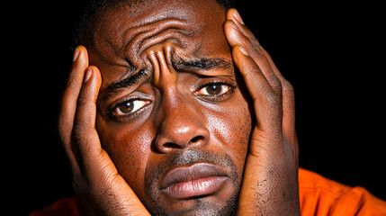 Fototapeta premium A man shows a distressed expression, holding his head in his hands, indicating feelings of worry or despair against a dark background.
