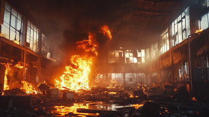 Big fire flame burning in industrial factory building interior. emergency danger, dark black smoke, room accident alarm system, inside, rescue, insurance.