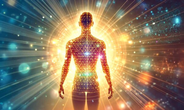 A glowing silhouette of a human surrounded by radiant light and energy patterns.