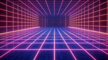 Neon Grid Lines Illuminate A Retro Futuristic Corridor