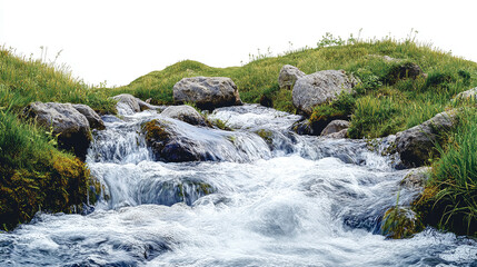 Fototapeta premium Blue river water stream in nature surrounded by green grass and rock stones isolated on white background. mountain forest environment, paradise, heaven.