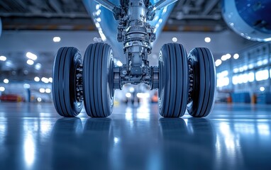 Powerful precision: A Boeing 737's landing gear, a marvel of engineering, stands ready for takeoff or landing.  Intricate details showcased in a hangar.