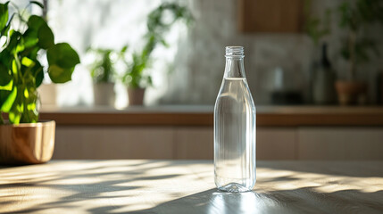 Closeup of white glass bottle of water on kitchen table, copy space. healthy fresh liquid drink or beverage, pure aqua mineral product, reusable sustainable container, environment.
