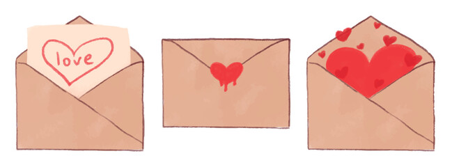 St. Valentine's Day. Vector set of craft envelopes with hearts in different positions. Hand-drawn open and closed envelope, Valentine's Day card, sticker, print
