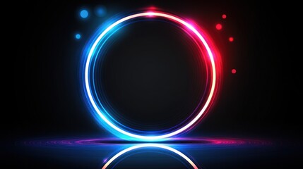 Obraz premium Abstract glowing neon circle frame with reflection on dark background.