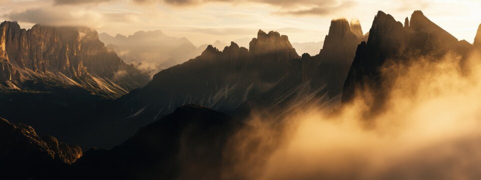 A breathtaking view of the sunrise illuminating the jagged peaks of the Dolomites in Italy, with soft clouds rolling through the valleys below, Dolomites sunrise scene