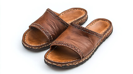 Pair of old brown vintage retro sandal slipper shoes isolated on white background. comfortable leather summer footwear.