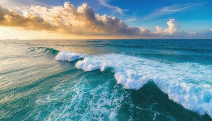 Breathtaking Aerial Top View of Ocean Waves Stunning Sea Water Splashing Against the Shoreline, Capturing the Essence of Natures Beauty in a Vibrant, Dynamic Scene