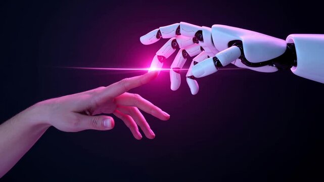 Symbolic interaction of human and AI hands, glowing with neon light, in a futuristic holographic world representing unity and collaboration