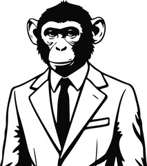 A male human body and monkey head, the man will be wearing a coat and tie. Vector line art. No color, thick line art. Very simple art style 6.eps