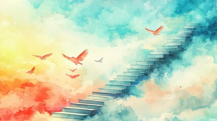 A vibrant watercolor painting of a staircase ascending through colorful clouds, with birds flying, symbolizing hope and freedom.
