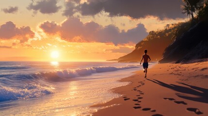 Fototapeta premium Man Runs Towards Sunset On Tropical Beach