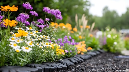 Vibrant flower garden border with daisies, purple, and orange blooms.