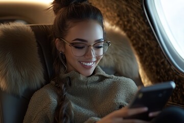 Successful businesswoman looking at smartphone traveling on private jet