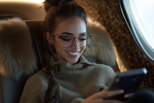 Successful businesswoman looking at smartphone traveling on private jet