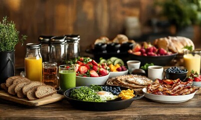 Delicious and Colorful Breakfast Spread with Fresh Ingredients, Breads, Juices, and Variety of Fruits Displayed on Rustic Wooden Table
