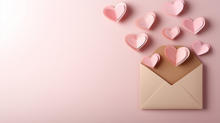 A love letter envelope featuring paper craft hearts, arranged on a soft pink background with ample room for text, perfect for romantic occasions
