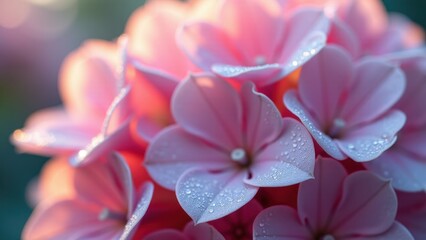 Fototapeta premium Close-Up of Dew-Covered Pink Flowers in Gentle Morning Light
