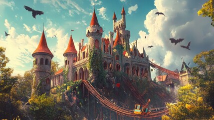 Ruined Castle Overgrown By Nature With Rollercoaster