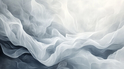 Obraz premium Billowing, translucent fabric swirls gracefully, creating layers of ethereal beauty and a dance of light, Abstract composition featuring flowing white wave surfaces on a clear background, 