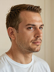 Obraz premium Retrato de un hombre joven blanco vistiendo una camiseta blanca de algodón