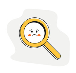 Sad magnifying glass. Concept of 404 page or site search, nothing found. Cute magnifying glass doodle vector illustration