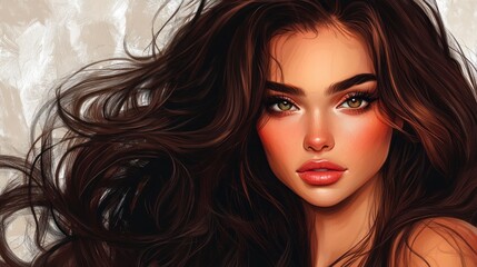 Fototapeta premium Portrait of a beautiful brunette woman with long wavy hair