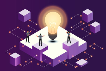 Vector isometric illustration people team working with cube and create database. Virtual communication and connection datacenter