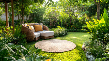 A lush green garden features a cozy wicker sofa adorned with yellow cushions, surrounded by vibrant foliage and a circular rug on the inviting grass