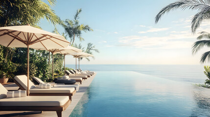 Luxurious poolside view with sun loungers and umbrellas overlooking a serene ocean landscape dotted with palm trees under a clear blue sky