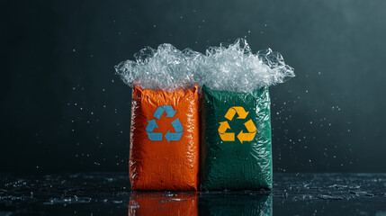Big sacks containing recycled plastic, marked with the recycling symbol