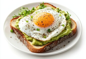 Delicious Avocado Toast with Fried Egg and Fresh Herbs on White Plate, Perfect for Breakfast or Brunch, Healthy Eating and Gourmet Food Photography